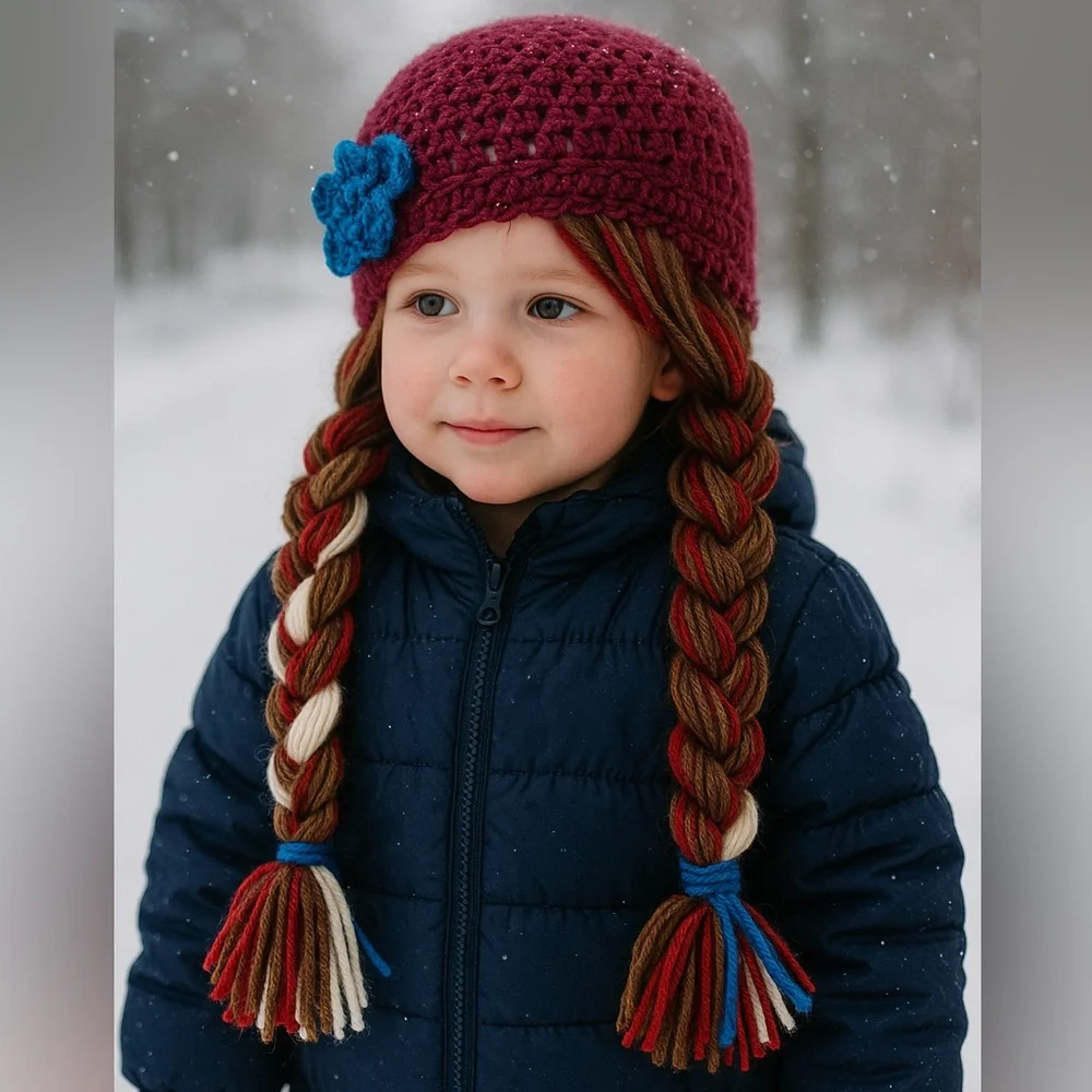 Handmade Crochet Anna-Inspired Hat – Burgundy Beanie‎ with Long Braided Pigtails